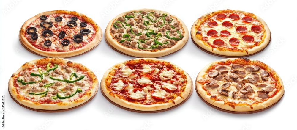 Assorted gourmet pizzas featuring different toppings and styles on a white background. Assorted gourmet pizzas featuring different toppings and styles on a white background.