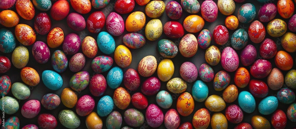 Colorful handcrafted Easter eggs arranged in a festive backdrop from an aerial perspective celebrating joyful seasonal traditions Colorful handcrafted Easter eggs arranged in a festive backdrop from an aerial perspective celebrating joyful seasonal traditions