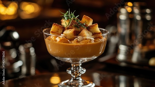 Delicious Creamy Butternut Squash Soup Garnished with Croutons in a Decorative Glass Bowl on a Rustic Background photo