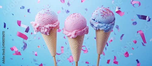 Colorful ice cream cones with party streamers against a vibrant backdrop Celebratory food styling for festive occasions photo