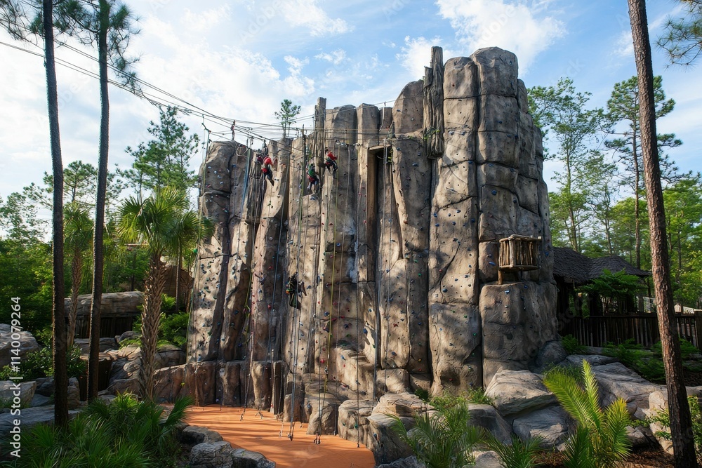 Obraz premium Outdoor climbing wall,ropes, people ascending.