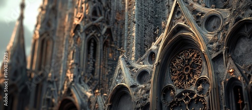 Intricate Gothic architecture detail of a cathedral facade showcasing stone carvings and ornate elements against a dramatic sky backdrop photo