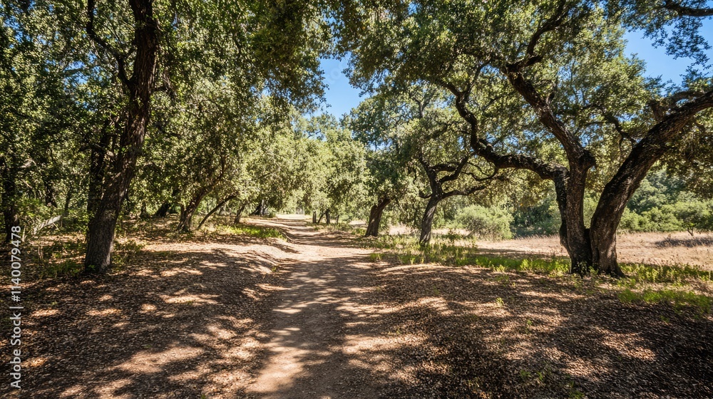 Scenic sunlit dirt path winding through a shaded grove surrounded by lush trees on a clear sunny day Scenic sunlit dirt path winding through a shaded grove surrounded by lush trees on a clear sunny day