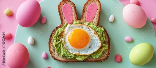 Easter themed bunny breakfast toast with avocado and egg on a colorful plate surrounded by decorative eggs and candy. photo