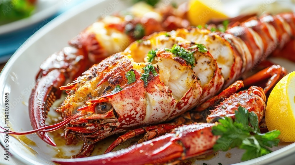 Deliciously prepared seafood dish featuring baked scorpion fish and lobster garnished with fresh herbs and lemon slices Deliciously prepared seafood dish featuring baked scorpion fish and lobster garnished with fresh herbs and lemon slices