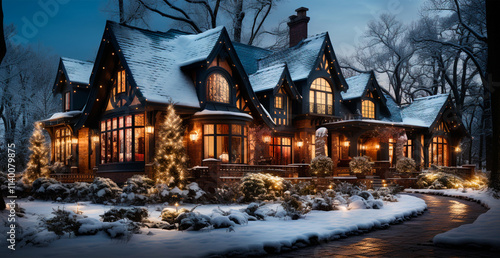 Snowy Christmas country house - AI generated image photo