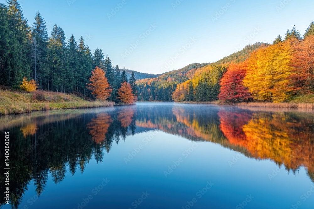 Tranquil autumn landscape reflecting vibrant foliage in a serene lake. Tranquil autumn landscape reflecting vibrant foliage in a serene lake.