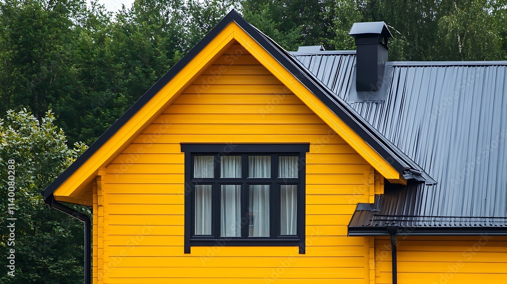 Vibrant Yellow House with Dark Roof and Window Vibrant Yellow House with Dark Roof and Window