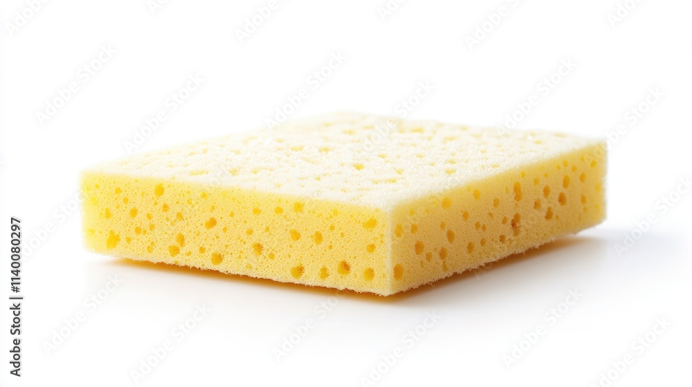Yellow dishwashing sponge with open cell structure isolated on a clean white background for cleaning and household product concepts. Yellow dishwashing sponge with open cell structure isolated on a clean white background for cleaning and household product concepts.