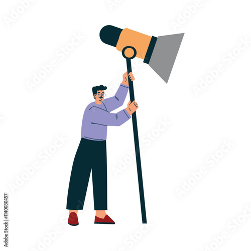 Man Holding Lamp at Shooting Film Movie Production Scene Vector Illustration