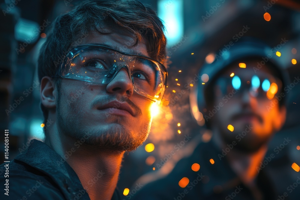 A young welder gazes intently at sparks, showcasing the intensity and focus required in his profession. A young welder gazes intently at sparks, showcasing the intensity and focus required in his profession.