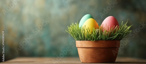 Easter celebration with colorful eggs nestled in a pot of artificial grass on a rustic background for festive decoration themes photo