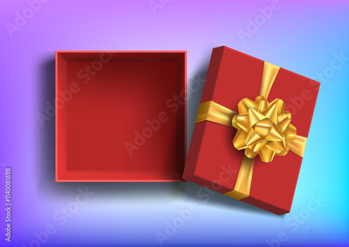 Template red open empty gift box with golden bow. Vector illustration