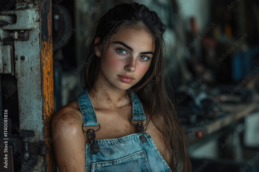 A young woman with smudged dirt on her shoulders, wearing denim overalls, poses in a grunge setting. A young woman with smudged dirt on her shoulders, wearing denim overalls, poses in a grunge setting.