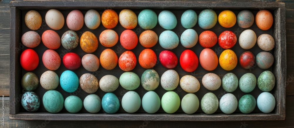 Colorful Easter eggs beautifully arranged in a wooden tray on a rustic wooden backdrop showcasing vibrant holiday decorations. Colorful Easter eggs beautifully arranged in a wooden tray on a rustic wooden backdrop showcasing vibrant holiday decorations.
