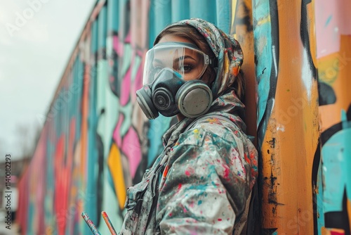 A female graffiti artist, wearing a respirator and paint-splattered clothes, stands against a vibrant, colorful graffiti wall. photo