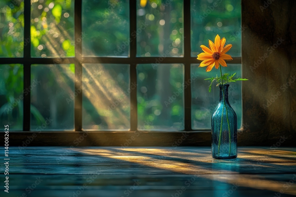 Serene sunlit scene of single orange flower in teal glass bottle on wooden sill, window background. Serene sunlit scene of single orange flower in teal glass bottle on wooden sill, window background.