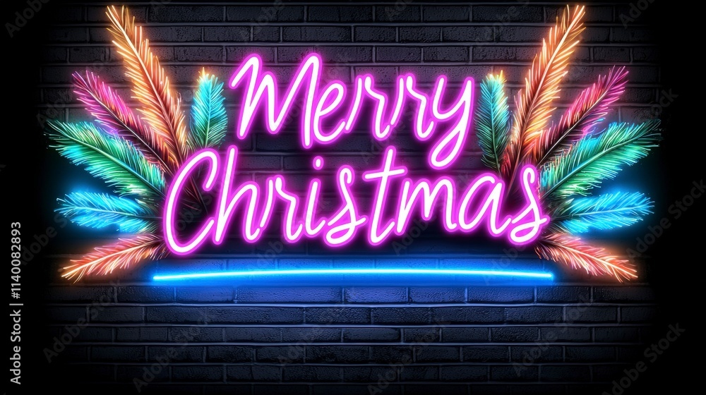 Obraz premium Merry Christmas Neon Sign Festive Holiday Lights Feathers Brick Wall