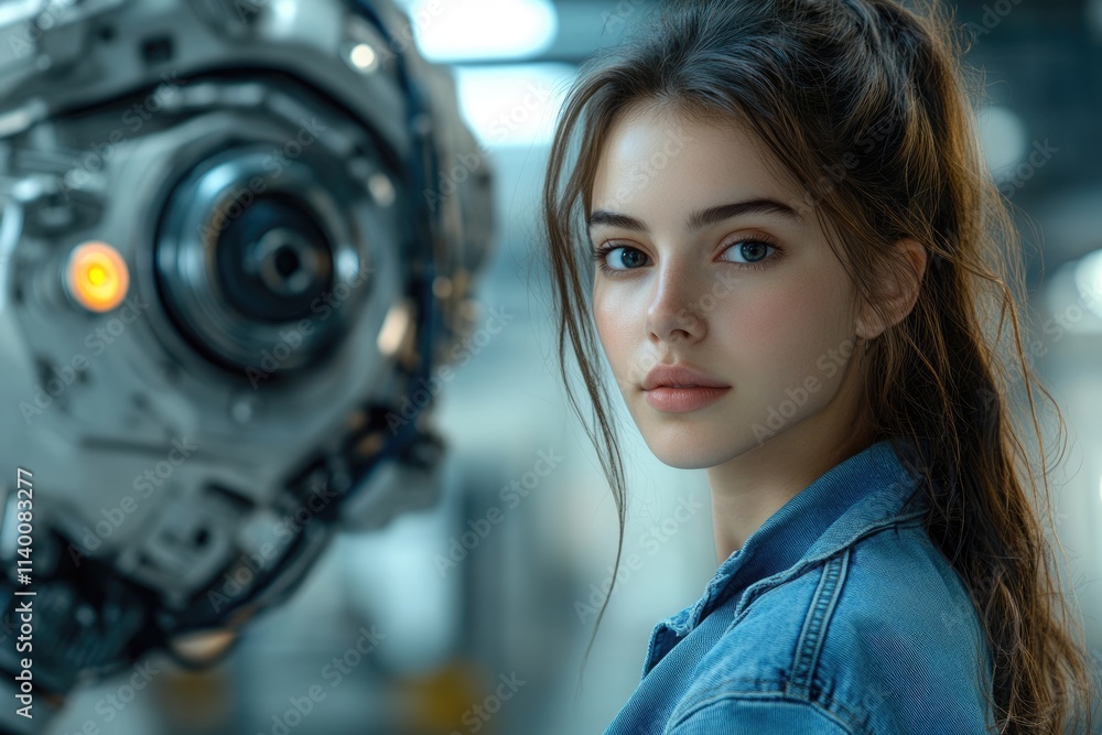 A young woman with captivating eyes stands near a futuristic robot, a blend of beauty and technology.