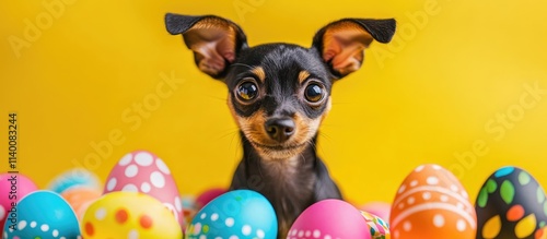 Adorable toy terrier surrounded by colorful Easter eggs on a vibrant yellow backdrop perfect for holiday themed projects and promotions. photo