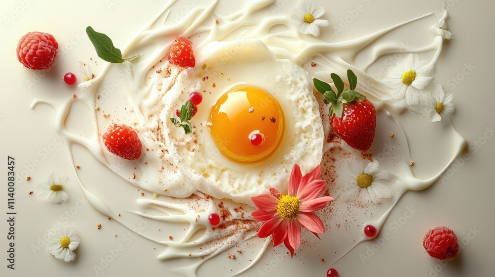 Colorful food arrangement featuring fried egg surrounded by fresh fruits and flowers on a creamy background for culinary inspiration. Colorful food arrangement featuring fried egg surrounded by fresh fruits and flowers on a creamy background for culinary inspiration.