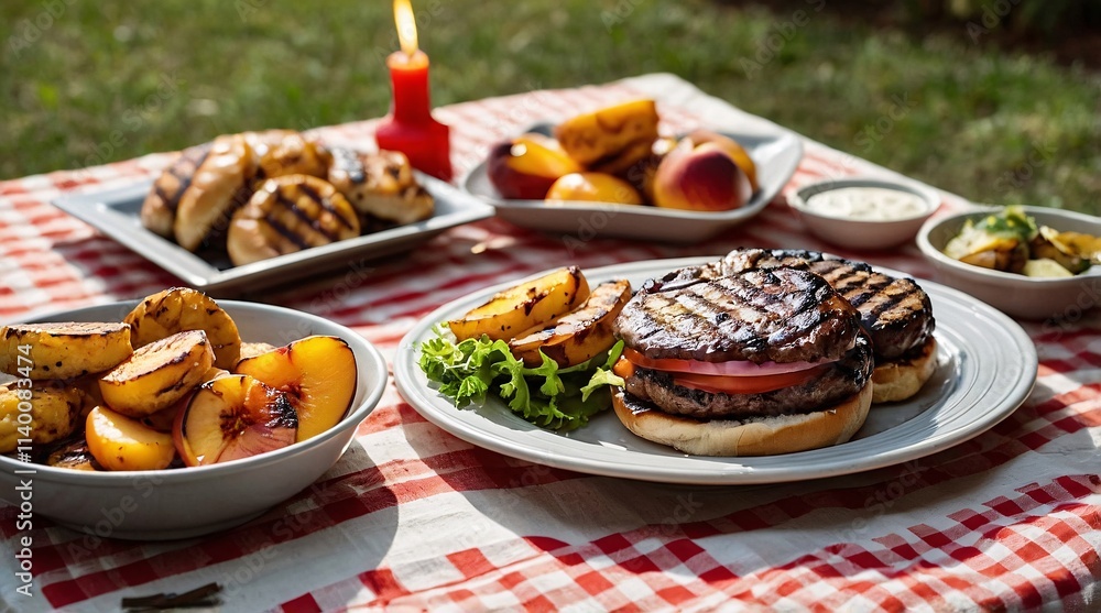 Savoring a delightful BBQ feast featuring flamegrilled burgers, grilled peaches, and mouth-watering sides in a lush backyard setting Savoring a delightful BBQ feast featuring flamegrilled burgers, grilled peaches, and mouth-watering sides in a lush backyard setting