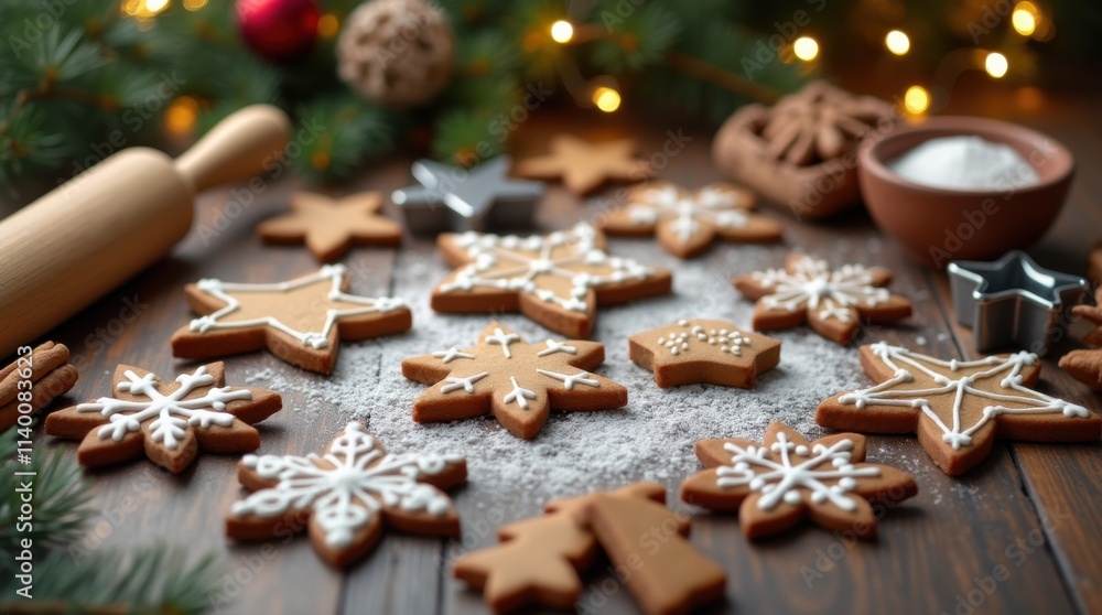 Festive Gingerbread Cookies on Rustic Wooden Table Festive Gingerbread Cookies on Rustic Wooden Table