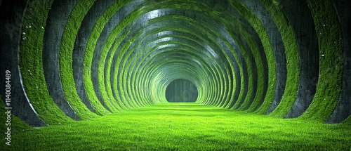 Fototapeta Naklejka Na Ścianę i Meble -  Lush Green Tunnel  Nature Architecture  Abstract Circular Pathway  3D Render