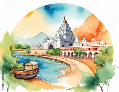 Indian Ancient Temple by the River in Watercolor Style, panorama photo