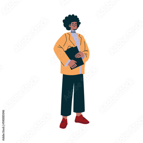 Man Standing with Clipboard at Shooting Film Movie Production Scene Vector Illustration