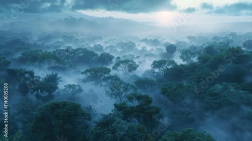Misty Rainforest Sunrise: An Aerial View of a Tropical Forest at Dawn