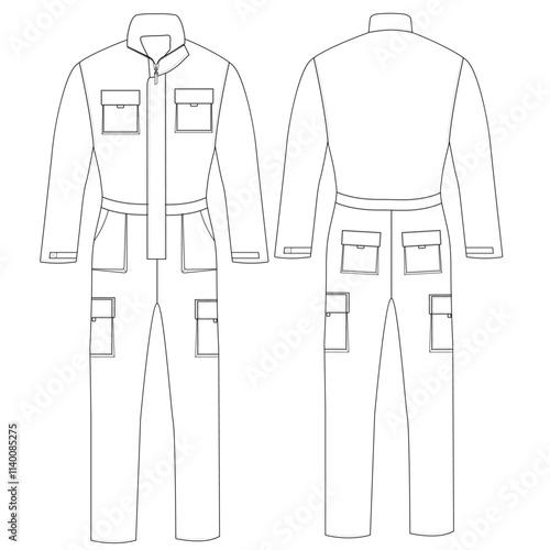 Protective Working jumpsuit set fashion flat technical sketch template vector design