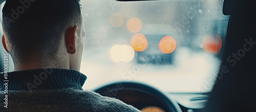 Young man test driving a rental car in a city setting with blurred lights and a focused expression on the road ahead