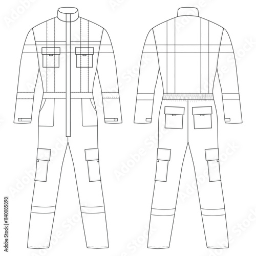 Protective Working jumpsuit set fashion flat technical sketch template vector design