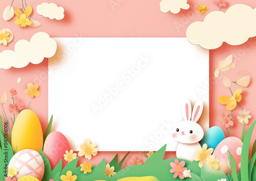 Easter-themed paper cut style background with a blank white frame, colorful Easter eggs, cute bunny, blooming flowers, and butterflies on a pastel pink backdrop. Perfect for spring designs