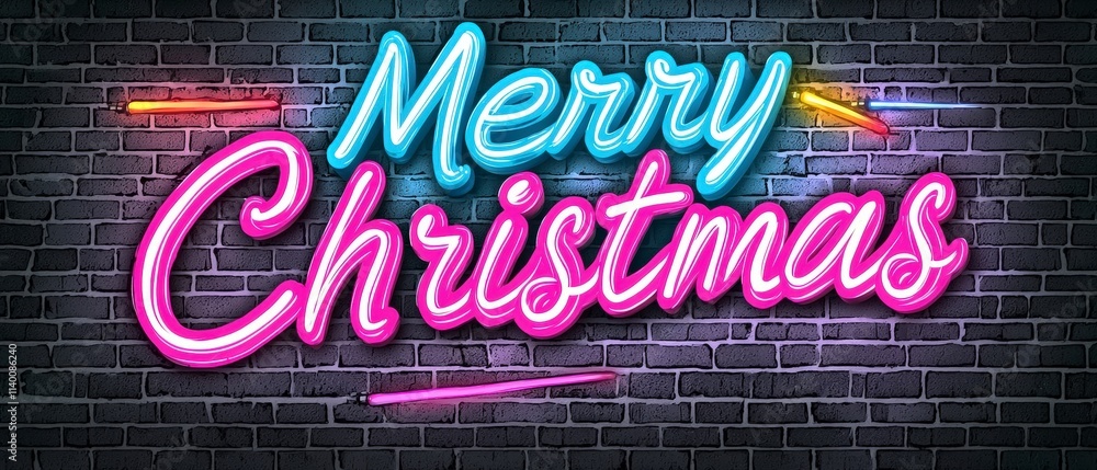 Merry Christmas Neon Sign Festive Holiday Brick Wall Background Merry Christmas Neon Sign Festive Holiday Brick Wall Background