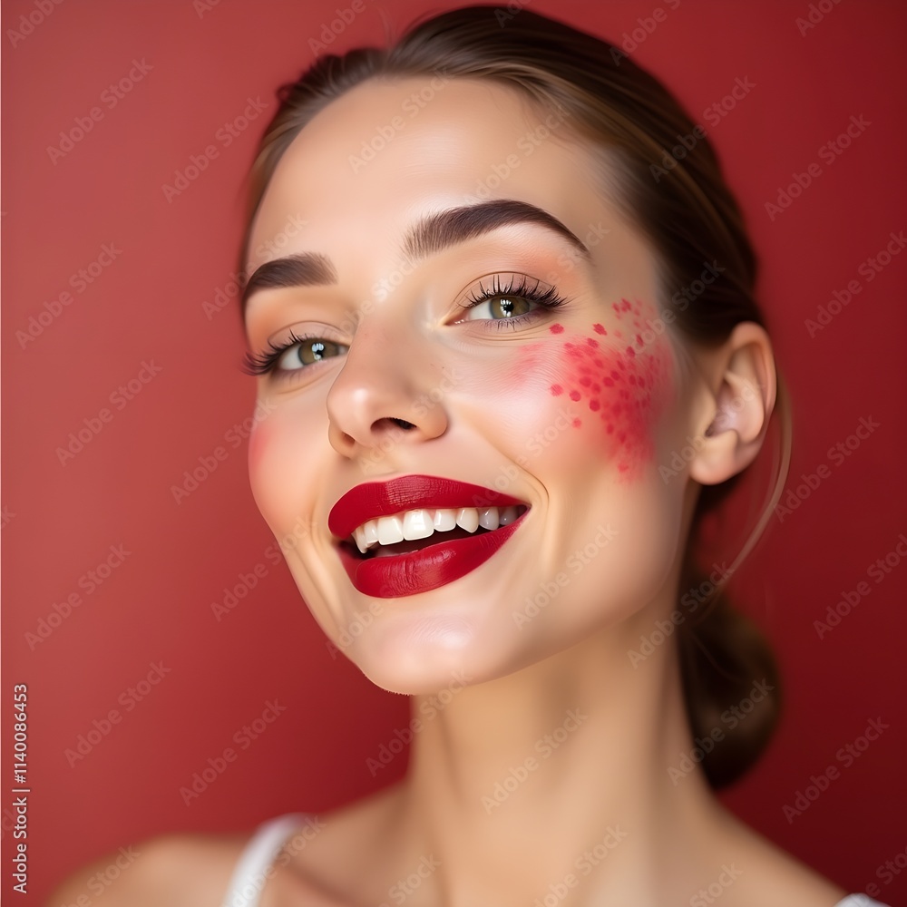 Face, Red Lipstick Kiss And Makeup On Face Model W Face, Red Lipstick Kiss And Makeup On Face Model W