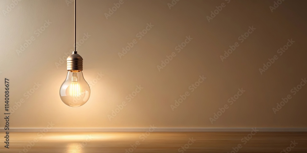 Illuminated Interior Single Hanging Light Bulb Against a Neutral Wall Illuminated Interior Single Hanging Light Bulb Against a Neutral Wall