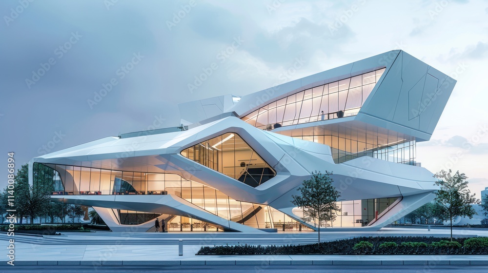Fototapeta premium Modern Architectural Marvel: A Futuristic Building Design at Dusk