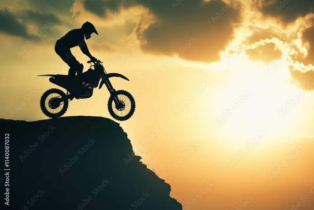 Silhouette of motorcyclist jumping sunset cliff. Silhouette of motorcyclist jumping sunset cliff.