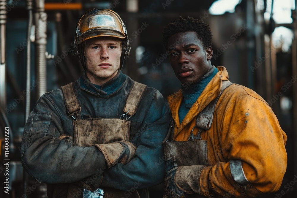 Two industrial workers, one Black and one white, stand together in a gritty industrial setting, showcasing unity and hard work. Two industrial workers, one Black and one white, stand together in a gritty industrial setting, showcasing unity and hard work.