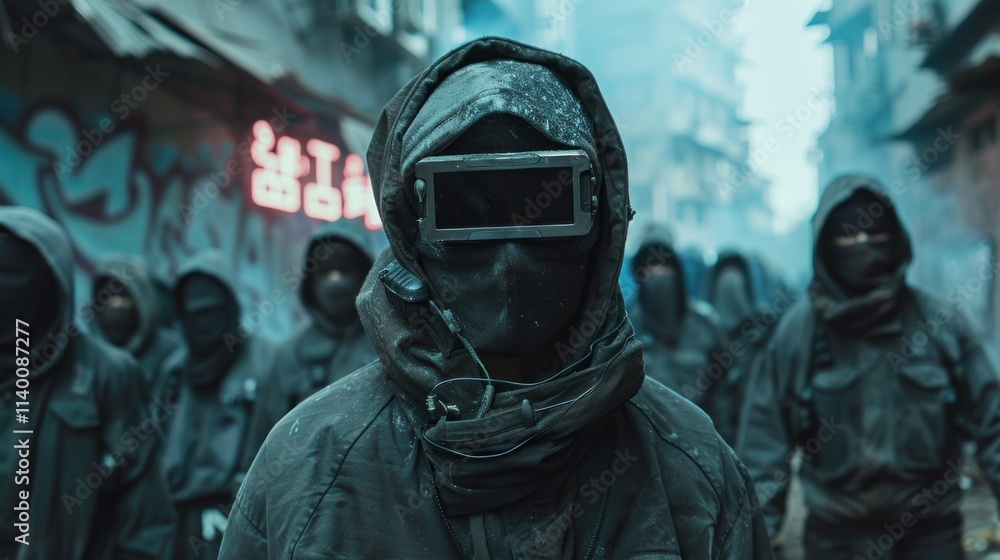 Masked figures in dystopian urban setting, shrouded in smoke and mystery. Masked figures in dystopian urban setting, shrouded in smoke and mystery.