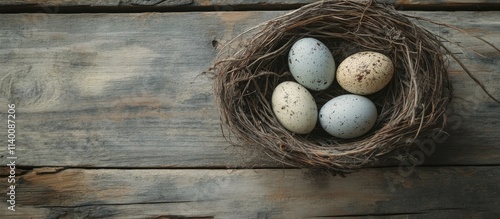 Easter eggs in a rustic nest on wooden surface showcasing pastel colors and natural textures for spring celebrations