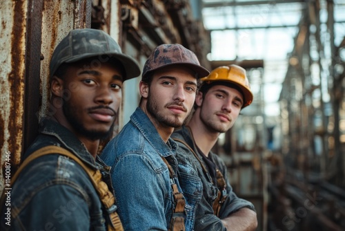 Three young, diverse construction workers pose confidently in front of a rusted metal backdrop.