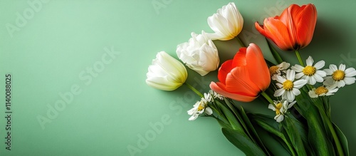 Easter floral arrangement featuring tulips and daisies on a soft green background for spring celebrations and seasonal decorations photo