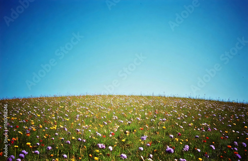 A field of colorful wildflowers stretches towards a clear blue sky photo