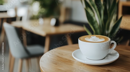 A cozy coffee cup with latte art sits on a wooden table, surrounded by indoor plants in a warm cafe ambiance. photo