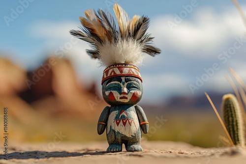 Hand-carved Native American-inspired figurine with feathers, standing in a desert landscape. photo