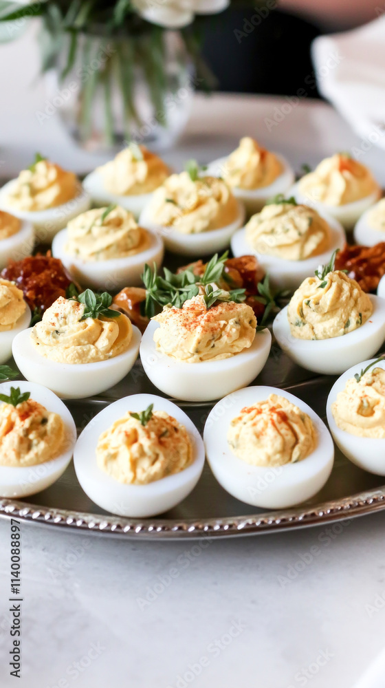 Delicious deviled eggs garnished with thyme and paprika on a silver platter Delicious deviled eggs garnished with thyme and paprika on a silver platter