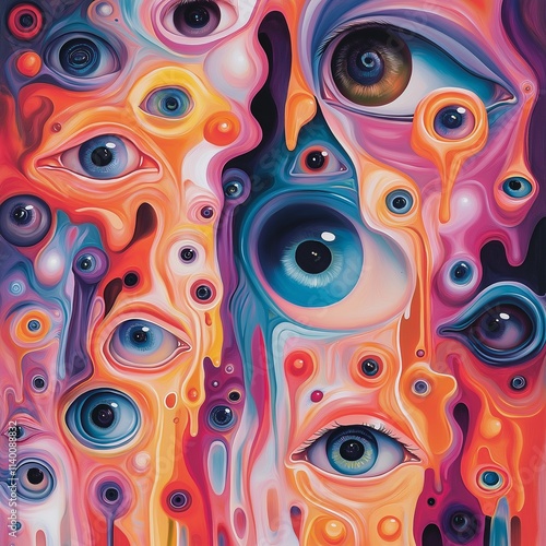 Surreal Eyescape: A mesmerizing abstract painting featuring a multitude of vibrant, melting eyes in a kaleidoscope of colors.  The artwork evokes a sense of mystery and intrigue.